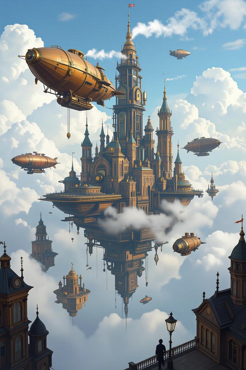 Floating steampunk castle in the clouds